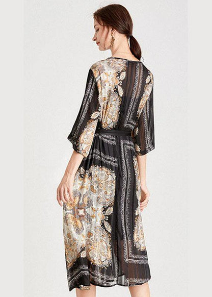 Classy Black Apricot V Neck Print Fall Chiffon Party Dresses Half Sleeve - SooLinen