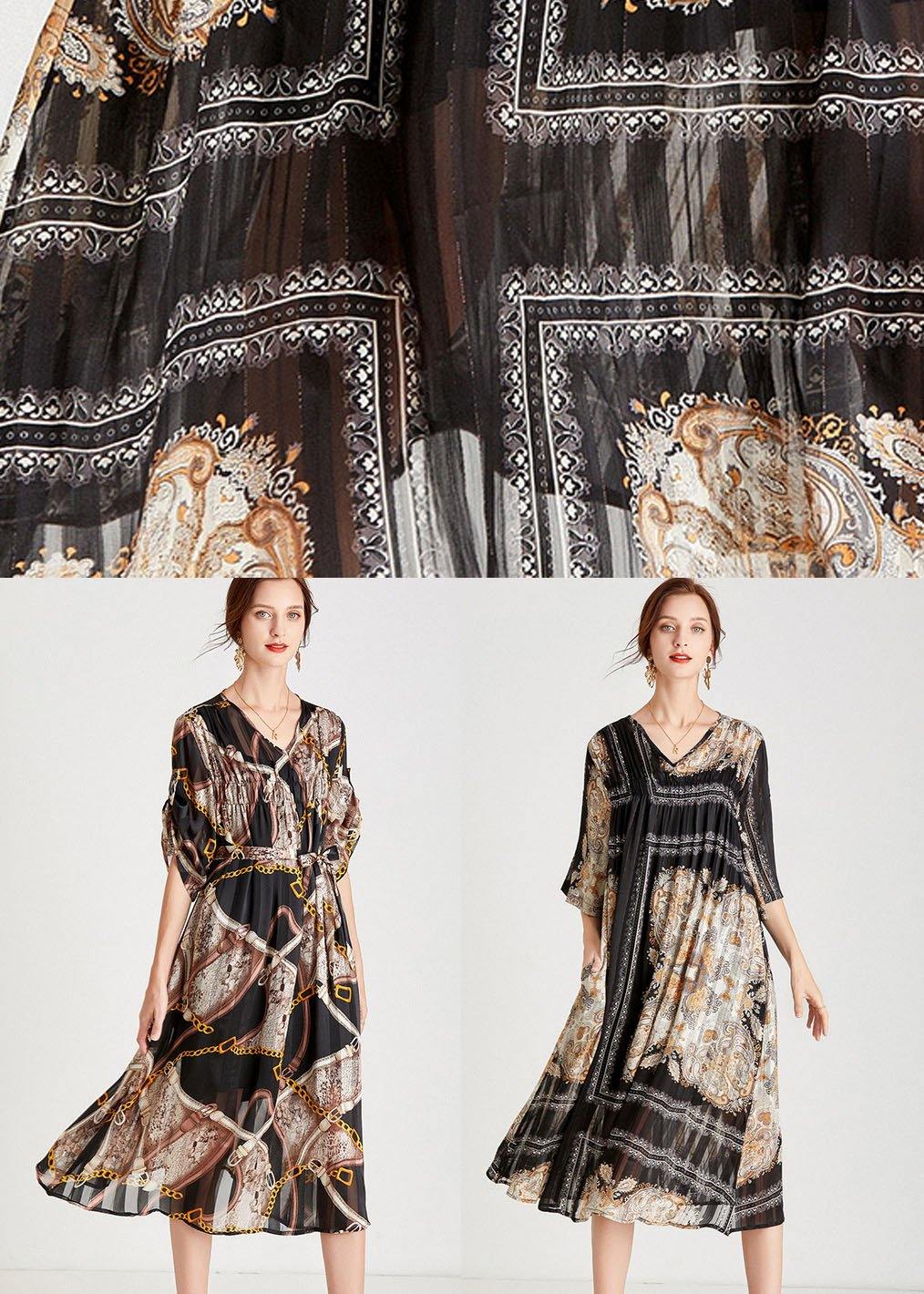 Classy Black Apricot V Neck Print Fall Chiffon Party Dresses Half Sleeve - SooLinen