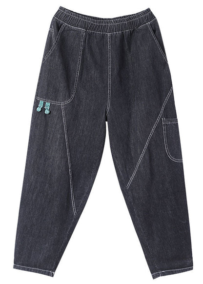 Edle schwarze lässige Haremshose mit elastischer Taille und Patchwork-Taschen