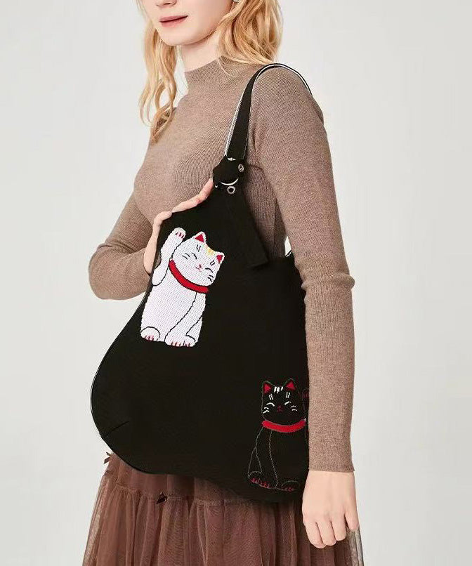 Classy Black Cat Embroidered Solid Durable Cotton Shoulder Bags