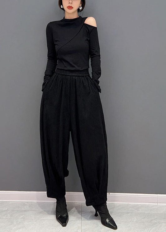 Edle Schwarze Haremshose mit elastischer Taille und Taschen aus dickem Cord