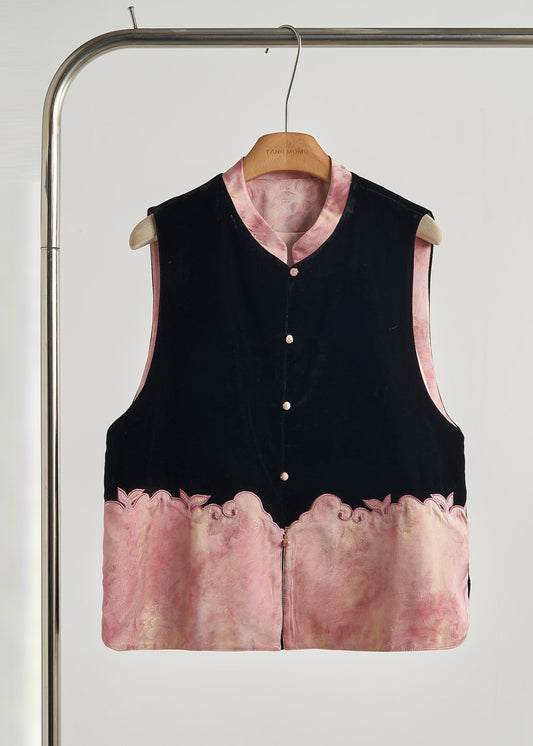 Classy Black Embroidered Patchwork Silk Velvet Vest Sleeveless