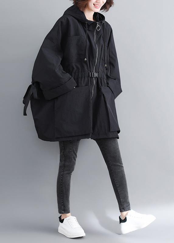 Classy Black Fine Outfit Outfits Hooded Tie Waist Spring Outwears - SooLinen
