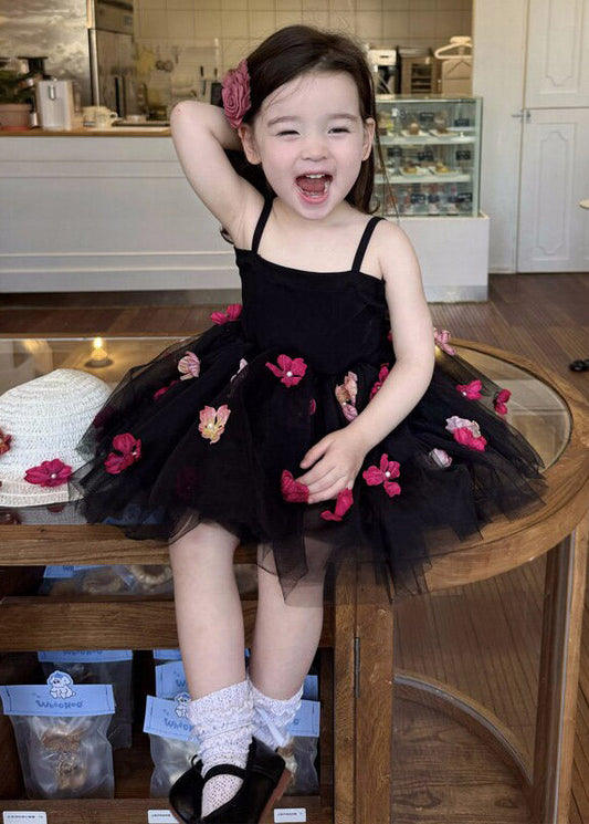 Classy Black Floral Patchwork Tulle Girls Long Spaghetti Strap Dress Summer