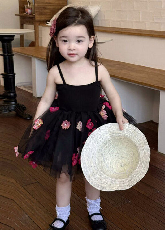 Classy Black Floral Patchwork Tulle Girls Long Spaghetti Strap Dress Summer
