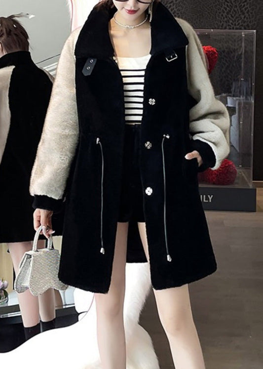 Edler schwarzer grauer Peter-Pan-Kragen Kunstpelz Patchwork Kordelzugknopf Nerzsamt Leder und Pelzmäntel Winter