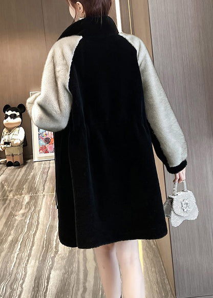 Edler schwarzer grauer Peter-Pan-Kragen Kunstpelz Patchwork Kordelzugknopf Nerzsamt Leder und Pelzmäntel Winter