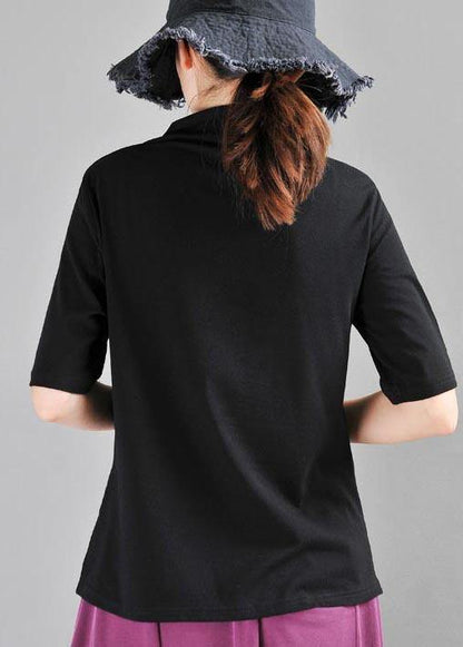 Classy Black High Neck asymmetrical design Cotton Tops Summer - SooLinen