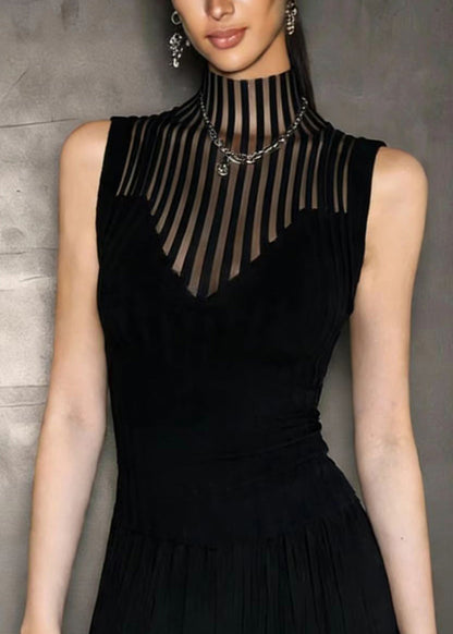 Classy Black Hign Neck Hollow Out Spandex Top Sleeveless