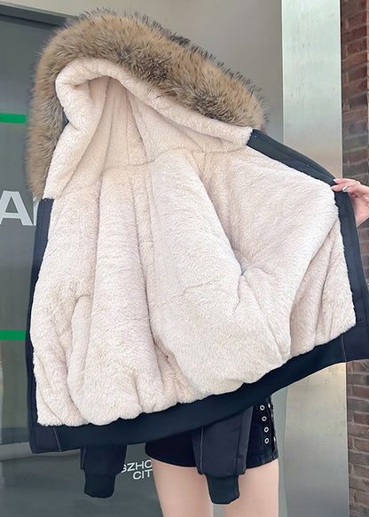 Chaqueta polar cálida con capucha y patchwork negra elegante para invierno