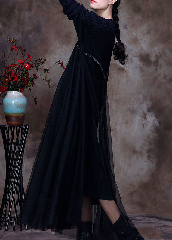 Edles schwarzes Patchwork-Pulloverkleid aus Strick