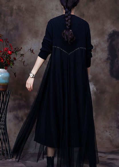 Edles schwarzes Patchwork-Pulloverkleid aus Strick
