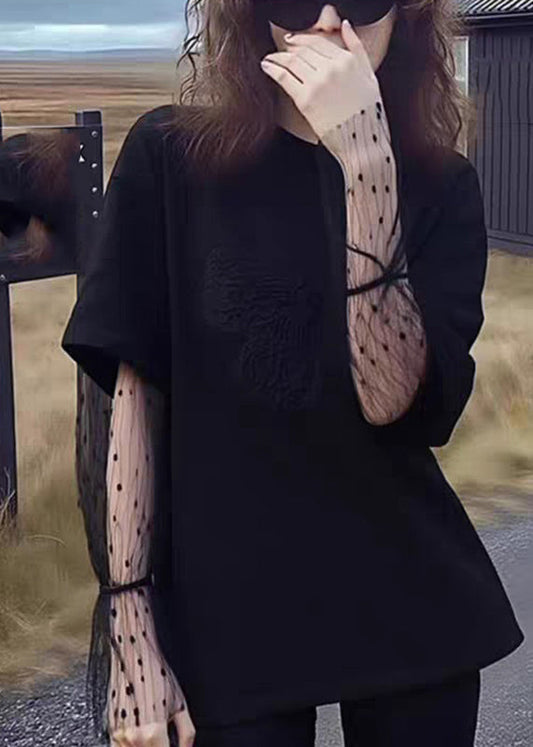 Classy Black Lace Patchwork Fake Two-Piece Top Spring