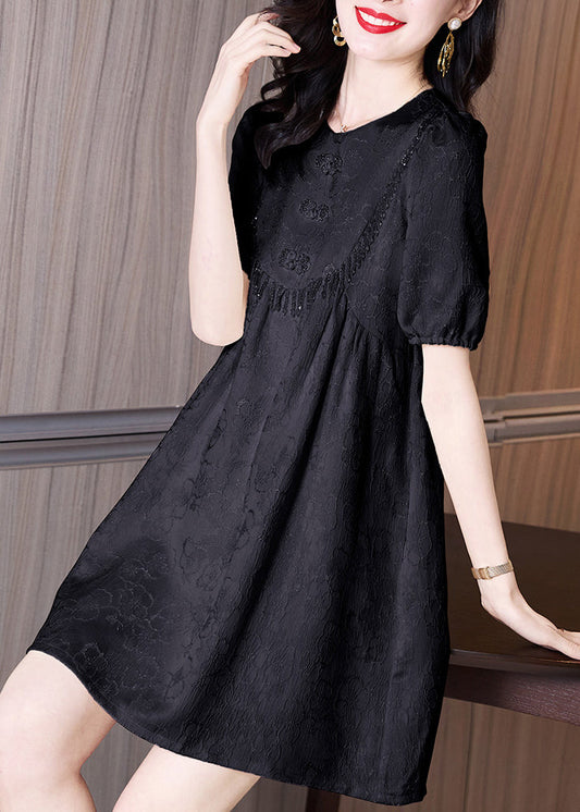 Classy Black O Neck Embroidered Cotton Dresses Summer
