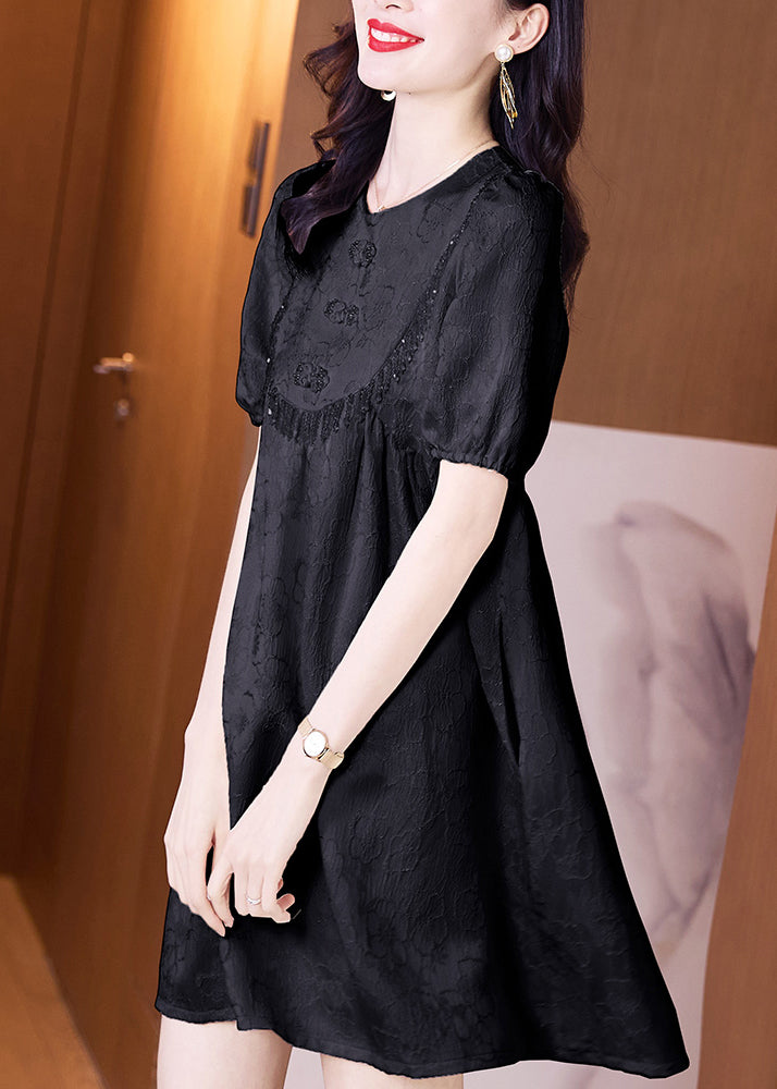 Classy Black O Neck Embroidered Cotton Dresses Summer