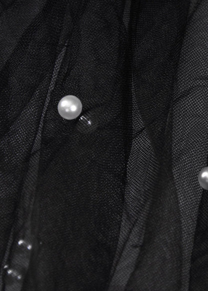 Edles schwarzes O-Ausschnitt Nail Bead Patchwork Sommer Tüll T-Shirt Kurzarm