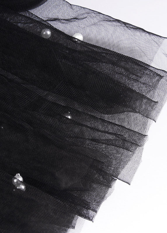 Edles schwarzes O-Ausschnitt Nail Bead Patchwork Sommer Tüll T-Shirt Kurzarm