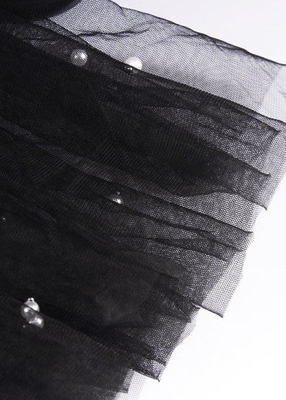 Edles schwarzes O-Ausschnitt Nail Bead Patchwork Sommer Tüll T-Shirt Kurzarm