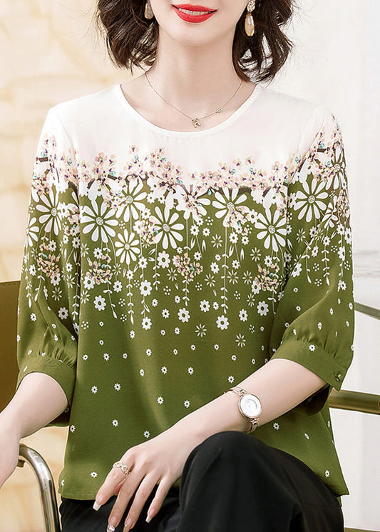 Classy Black O-Neck Print Chiffon Shirts Summer