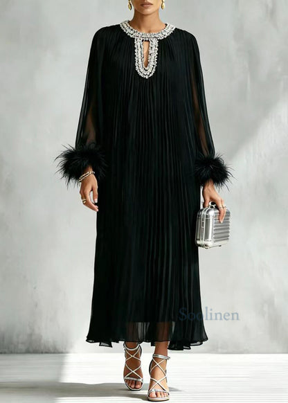Classy Black O-Neck Rhinestone Pleated Vacation Dresses Long Sleeve