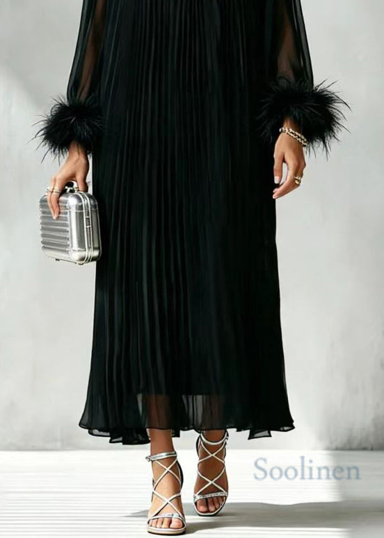 Classy Black O-Neck Rhinestone Pleated Vacation Dresses Long Sleeve