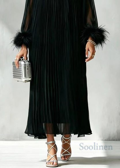 Classy Black O-Neck Rhinestone Pleated Vacation Dresses Long Sleeve