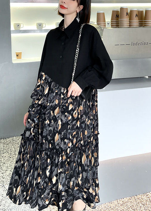 Edles schwarzes Patchwork-Knopf-A-Linien-Herbst-Langarm-Hemdkleid