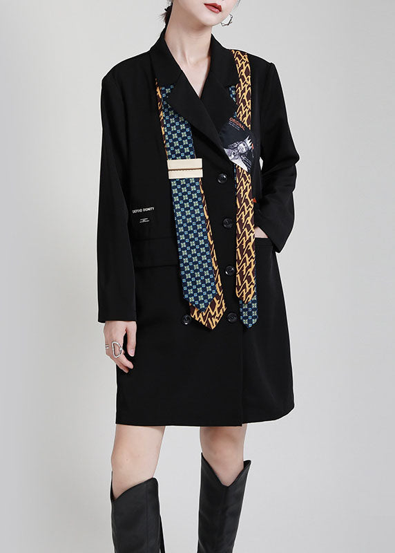 Edler schwarzer Peter-Pan-Kragen, Knopf, asymmetrisches Design, Taschen, Herbst-Maxikleider, lange Ärmel