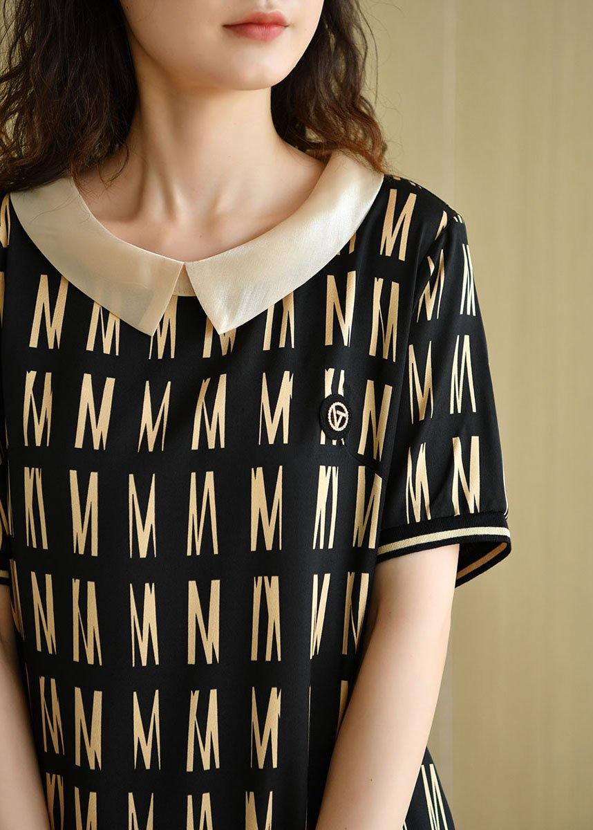 Classy Black Peter Pan Collar Graphic Patchwork Summer Maxi Dress Short Sleeve - SooLinen