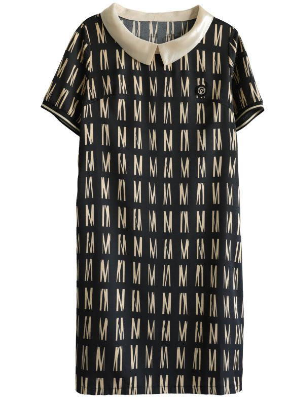 Classy Black Peter Pan Collar Graphic Patchwork Summer Maxi Dress Short Sleeve - SooLinen