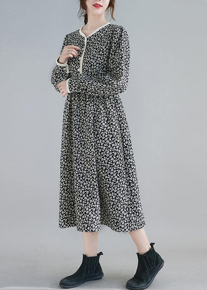 Classy Black Print Clothes Women O Neck Robe Spring Dresses - SooLinen