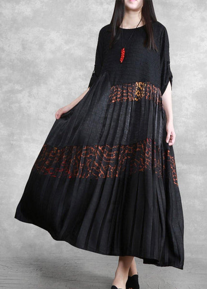 Luxy Silk Maxi Dresses Black Pleated Low High Patchwork Dress - SooLinen