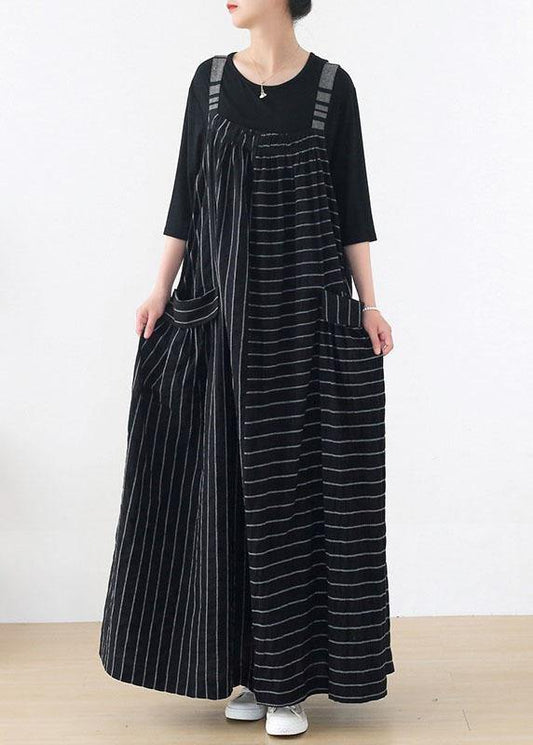 Classy Black Striped Pockets Carpenter Fall Linen Dress - SooLinen