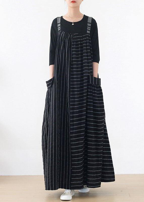 Classy Black Striped Pockets Carpenter Fall Linen Dress - SooLinen