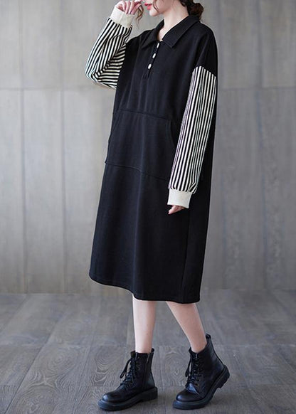 Classy Black Striped Tunic Lapel Patchwork Midi Dress - SooLinen