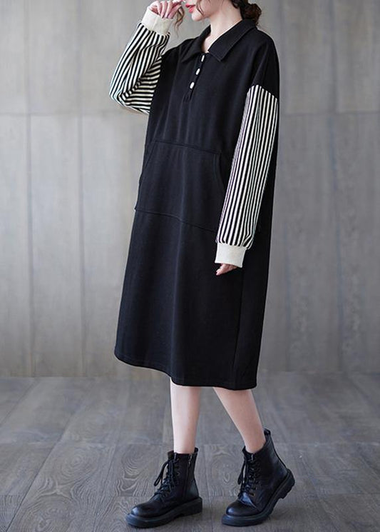 Classy Black Striped Tunic Lapel Patchwork Midi Dress - SooLinen