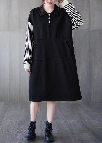 Classy Black Striped Tunic Lapel Patchwork Midi Dress - SooLinen