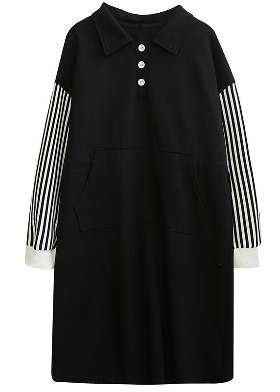 Classy Black Striped Tunic Lapel Patchwork Midi Dress - SooLinen
