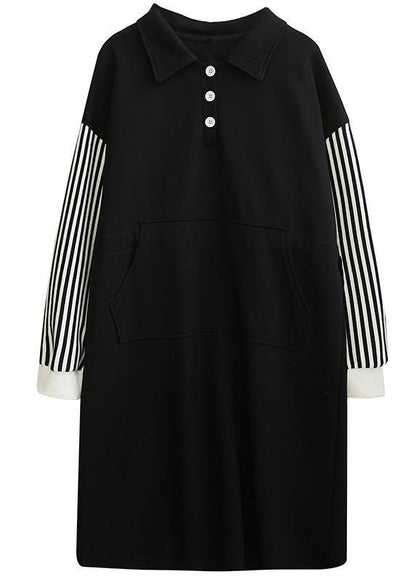 Classy Black Striped Tunic Lapel Patchwork Midi Dress - SooLinen