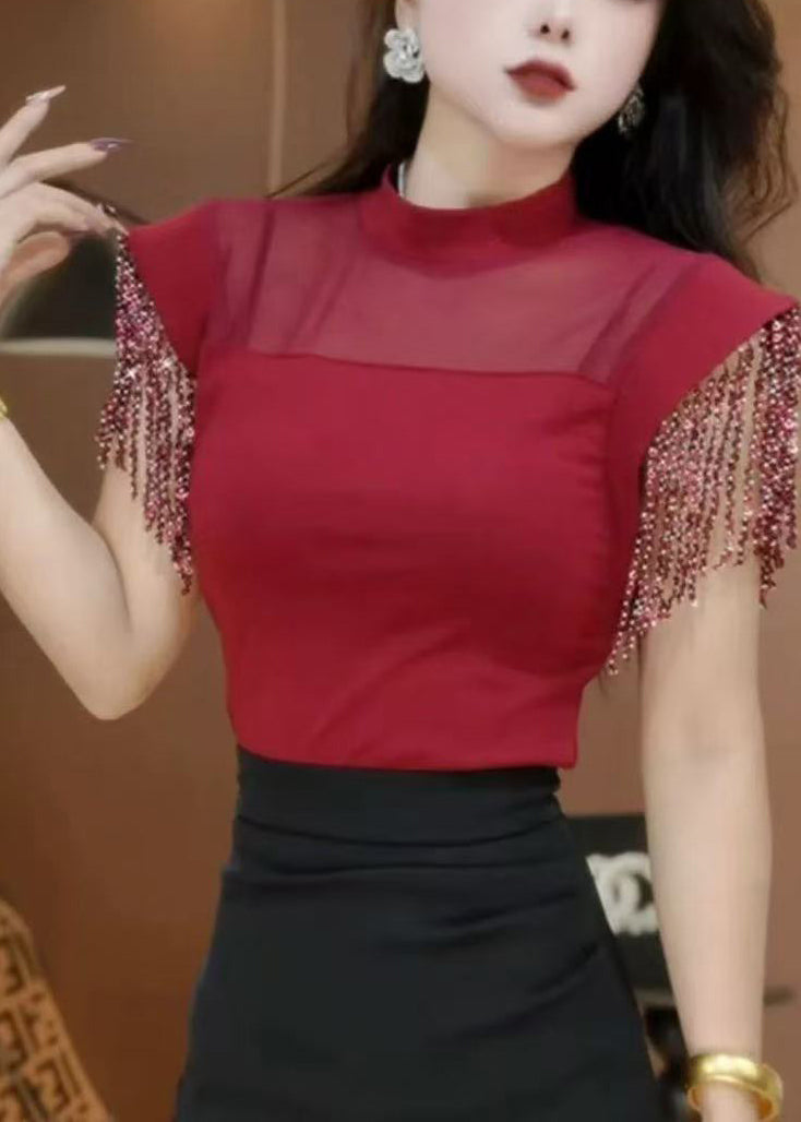 Elegantes schwarzes Hemd mit Quasten, Patchwork und Lochmuster – Sommer