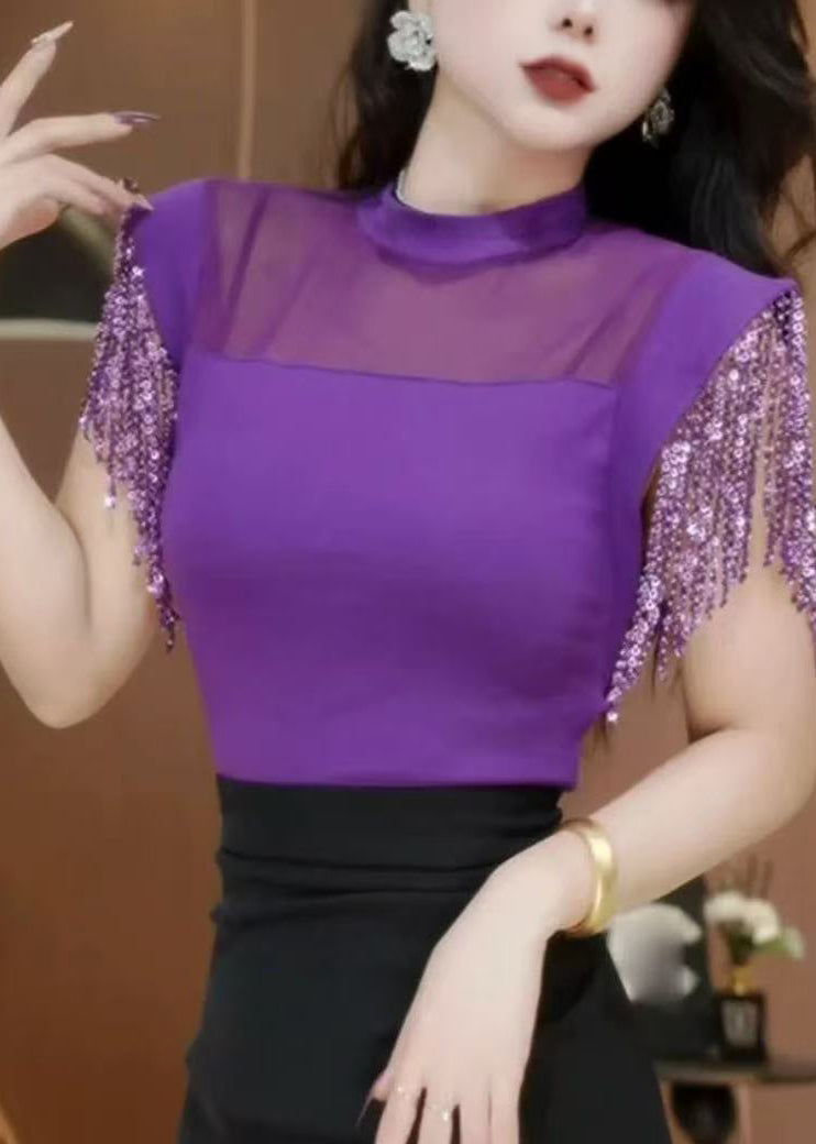 Elegantes schwarzes Hemd mit Quasten, Patchwork und Lochmuster – Sommer