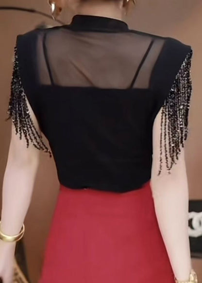 Elegantes schwarzes Hemd mit Quasten, Patchwork und Lochmuster – Sommer