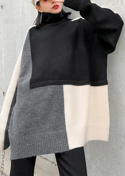 Edler schwarzer Rollkragenpullover Patchwork gemütlich dick gestrickt Baumwolle Pullover Winter