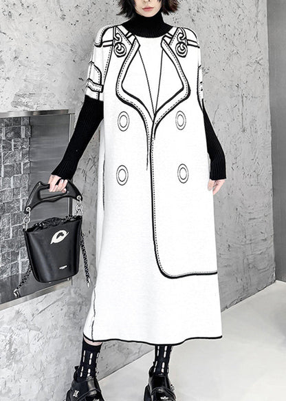 Elegantes schwarzes, bedrucktes, langes Strickkleid aus Baumwolle für den Herbst