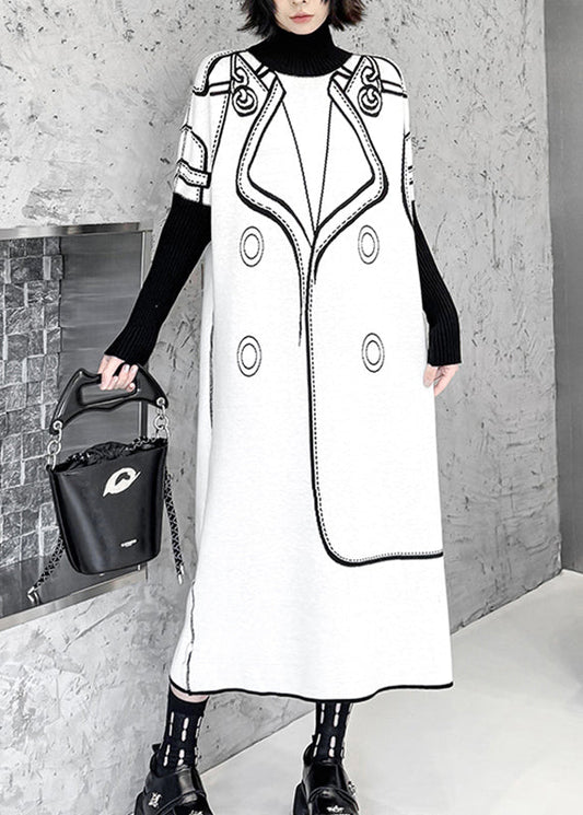 Elegantes schwarzes, bedrucktes, langes Strickkleid aus Baumwolle für den Herbst