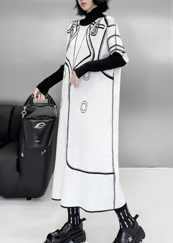 Elegantes schwarzes, bedrucktes, langes Strickkleid aus Baumwolle für den Herbst