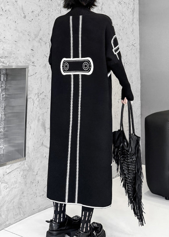 Elegantes schwarzes, bedrucktes, langes Strickkleid aus Baumwolle für den Herbst