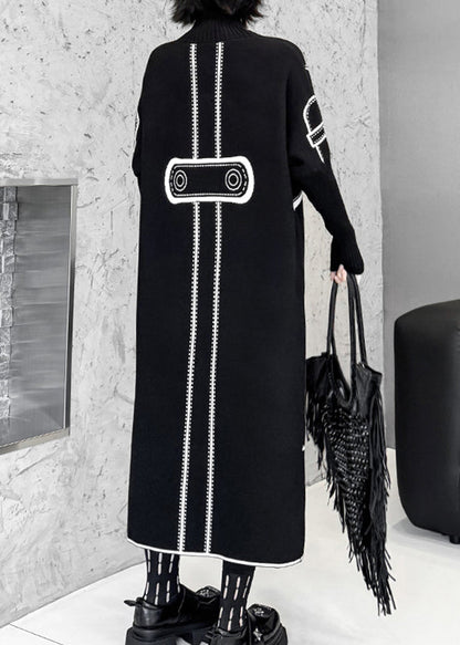 Elegantes schwarzes, bedrucktes, langes Strickkleid aus Baumwolle für den Herbst