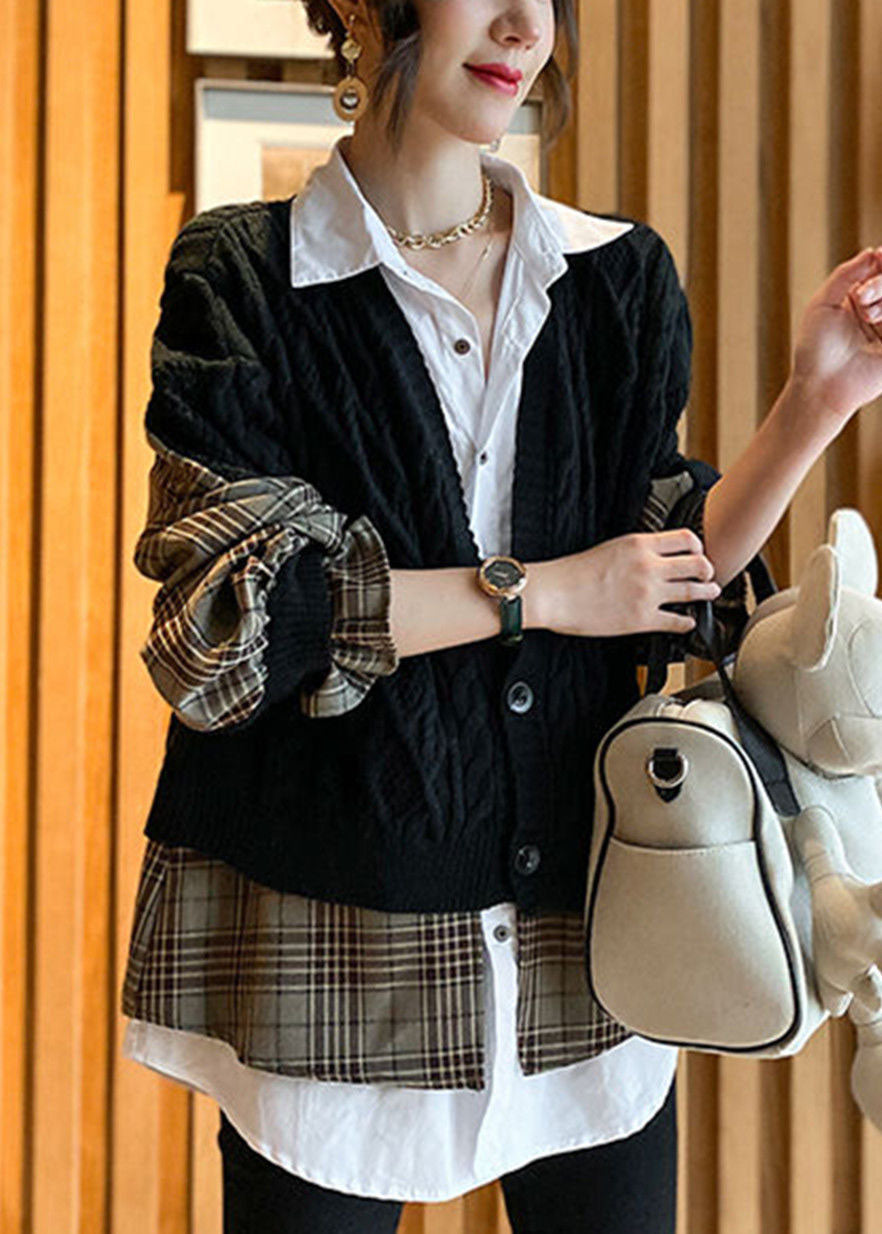Edles schwarzes V-Ausschnitt Strick Patchwork Plaid Herbst Wolle Zweiteiler Set