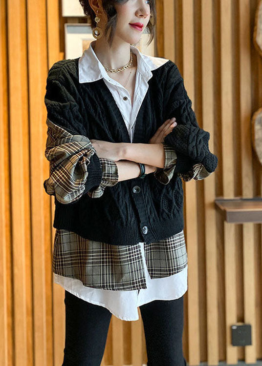 Edles schwarzes V-Ausschnitt Strick Patchwork Plaid Herbst Wolle Zweiteiler Set